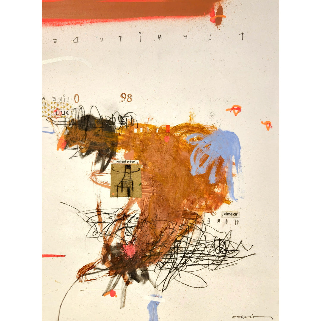 Abstract mixed media artwork on paper by Laurent Dorchin in brown, blue, black and white. Organic linework and minimal illustrations with collage and text elements.