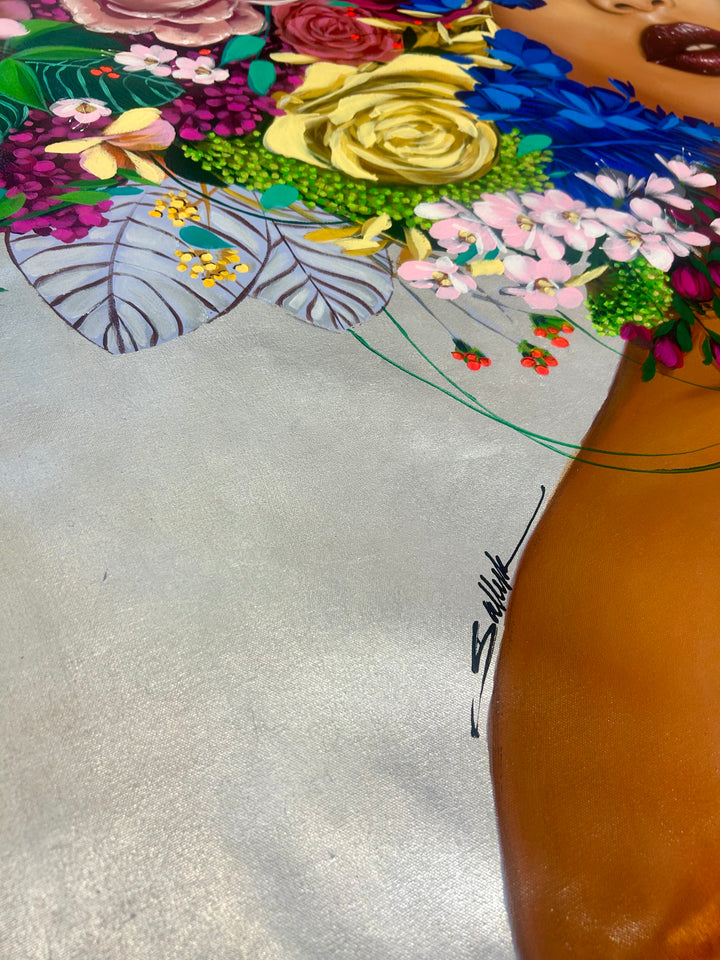 60"W x 47"H Acrylic portrait on canvas. A woman with her eyes and hair covered by colorful flowers. 
