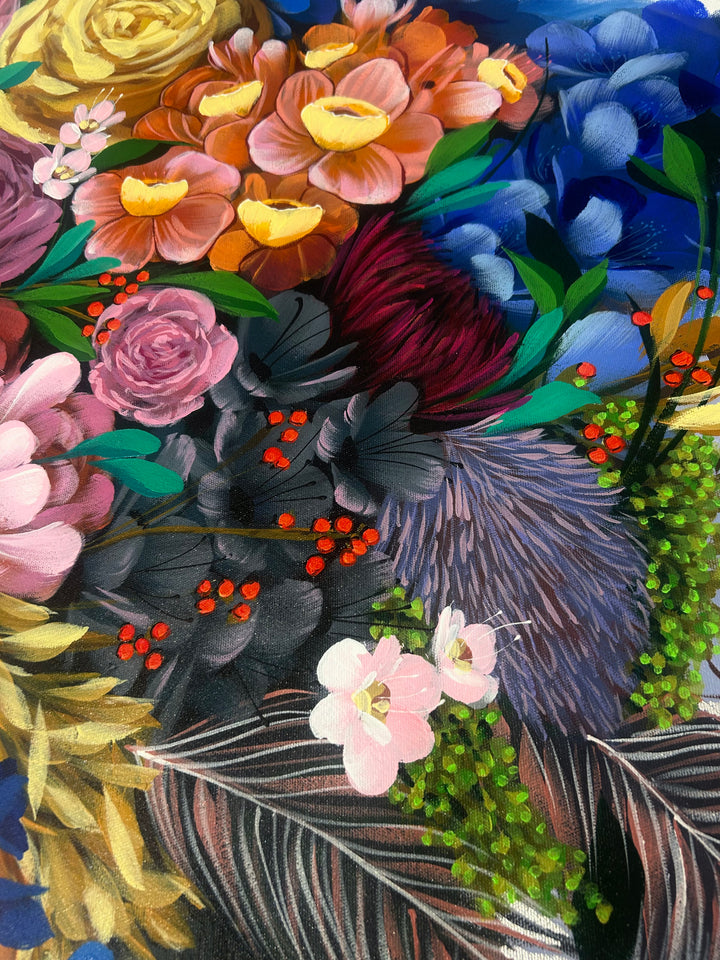 60"W x 47"H Acrylic portrait on canvas. A woman with her eyes and hair covered by colorful flowers. 