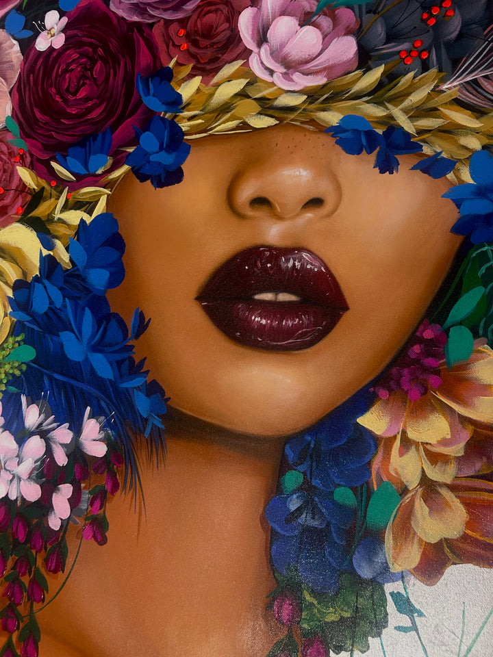 60"W x 47"H Acrylic portrait on canvas. A woman with her eyes and hair covered by colorful flowers. 