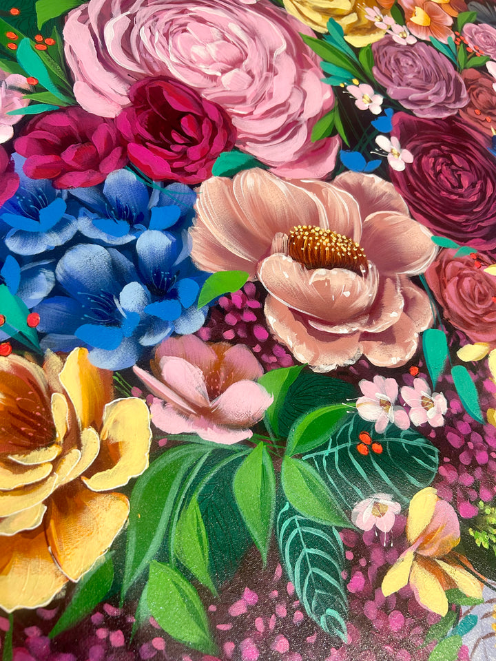 60"W x 47"H Acrylic portrait on canvas. A woman with her eyes and hair covered by colorful flowers. 