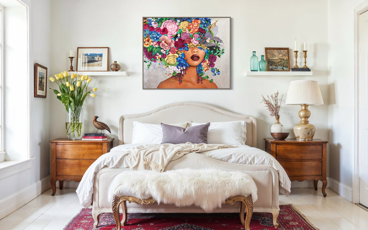 60"W x 47"H Acrylic portrait on canvas. A woman with her eyes and hair covered by colorful flowers. 