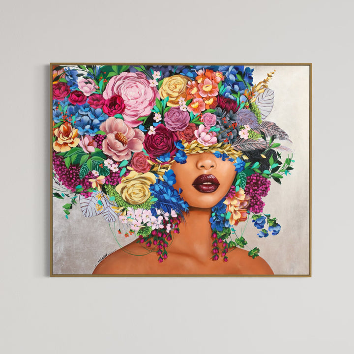 60"W x 47"H Acrylic portrait on canvas. A woman with her eyes and hair covered by colorful flowers. 