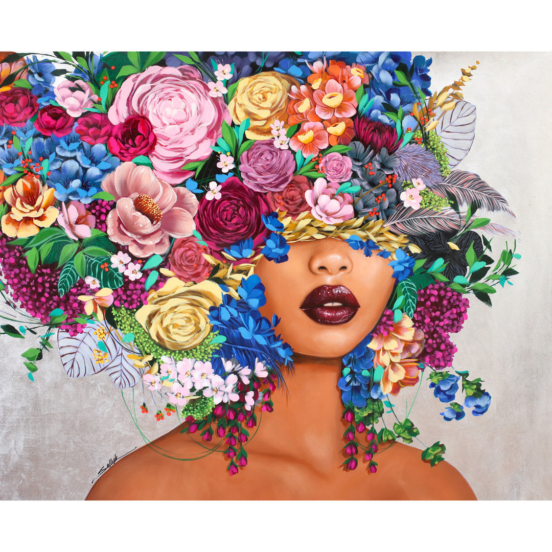 60"W x 47"H Acrylic portrait on canvas. A woman with her eyes and hair covered by colorful flowers. 