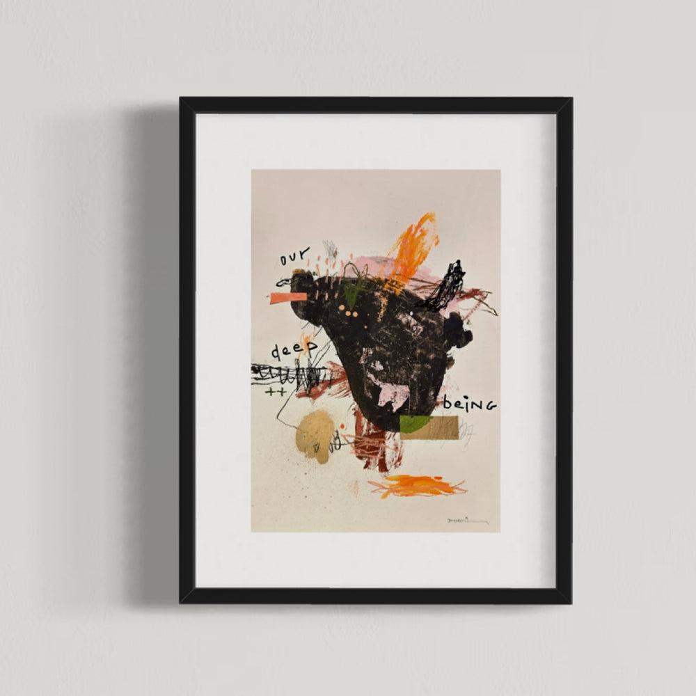 Abstract mixed media artwork on paper by Laurent Dorchin in brown, pink, orange and white. Organic linework and minimal illustrations with collage and text elements.