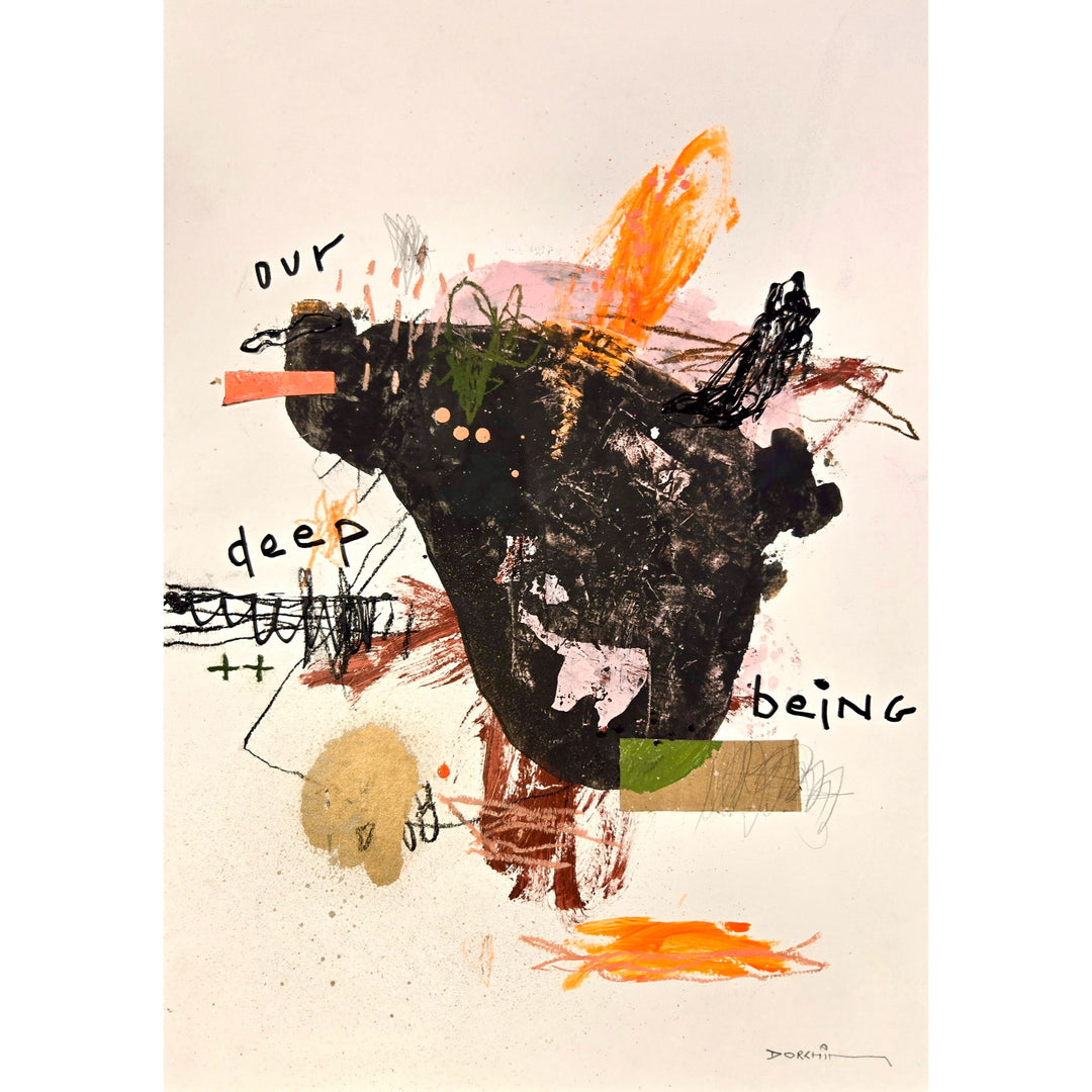 Abstract mixed media artwork on paper by Laurent Dorchin in brown, pink, orange and white. Organic linework and minimal illustrations with collage and text elements.