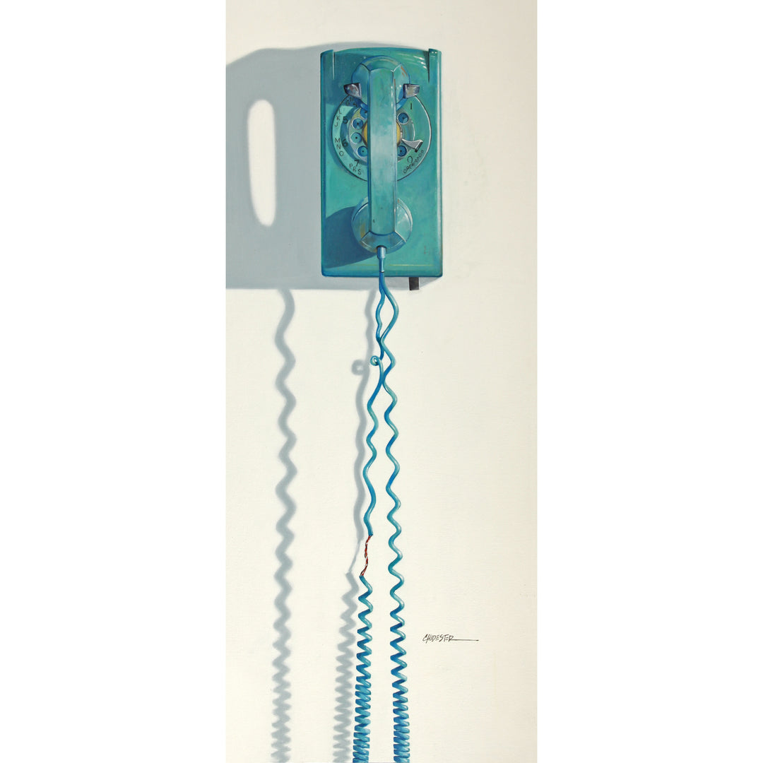 Realistic painting of a vintage aqua blue corded wall phone where the cord is beginning to tear and stretch. 18"X44" oil on canvas. Minimalist off white background.