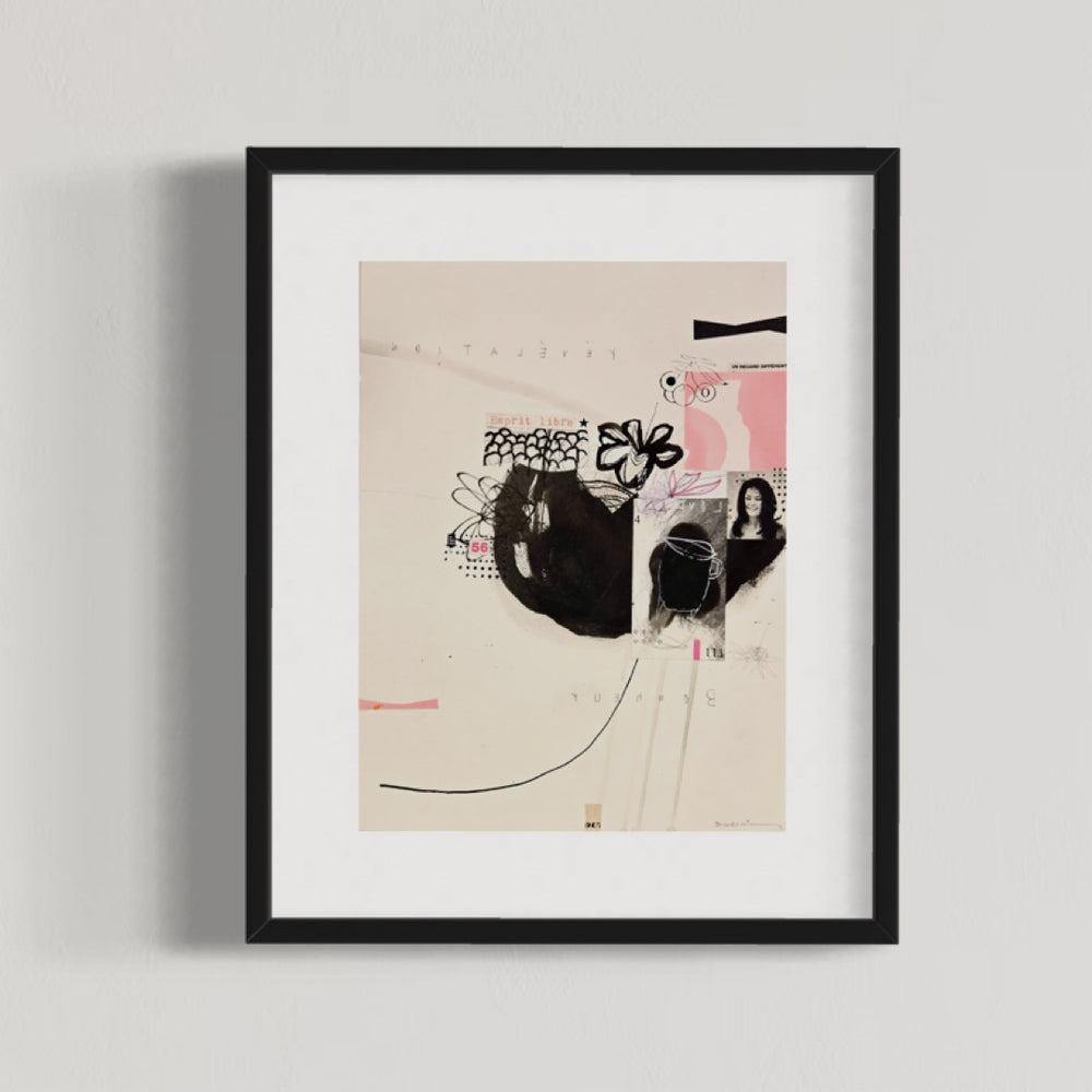 Abstract mixed media artwork on paper by Laurent Dorchin in brown, pink, and white. Organic linework and minimal illustrations of flowers with collage and text elements.