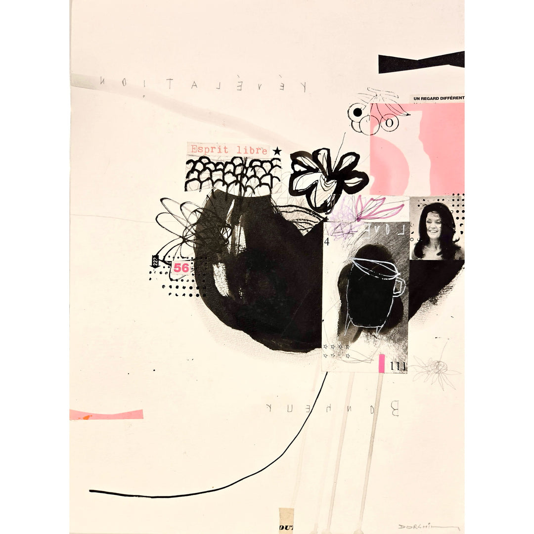 Abstract mixed media artwork on paper by Laurent Dorchin in brown, pink, and white. Organic linework and minimal illustrations of flowers with collage and text elements.