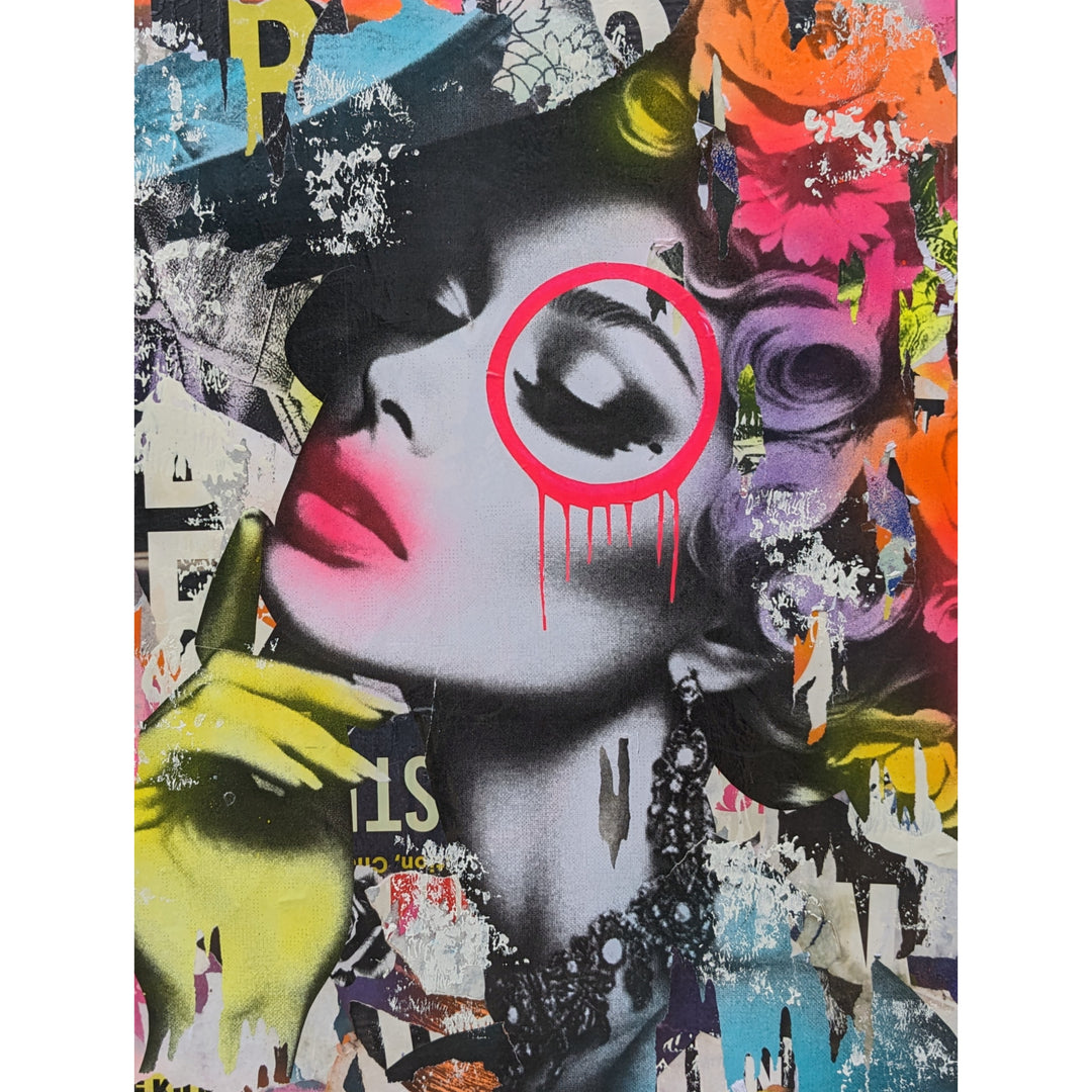 30"W x 40"H Acrylic paint, spray paint, wheat-paste, vintage advertisements, printed fragments on canvas. Posed woman surrounded by neon graphics with DAIN's signature circle over her right eye.
