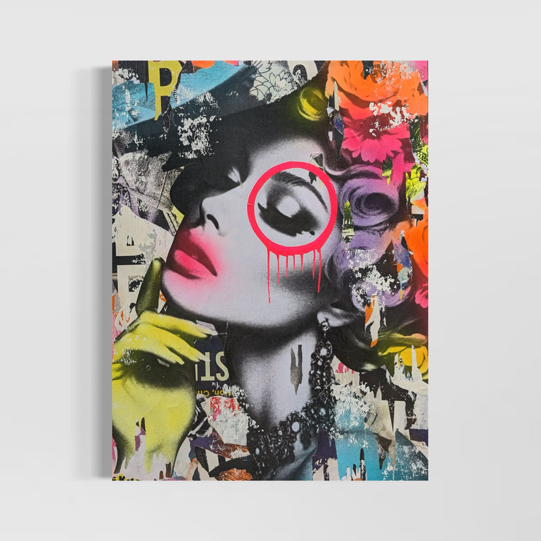 30"W x 40"H Acrylic paint, spray paint, wheat-paste, vintage advertisements, printed fragments on canvas. Posed woman surrounded by neon graphics with DAIN&
