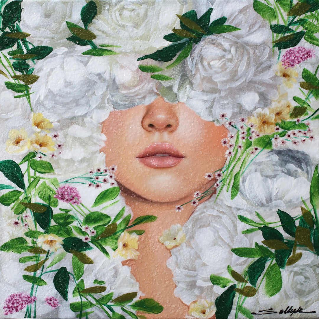 white woman with white flowers and grean leaves surrounding face, covering eyes and head 