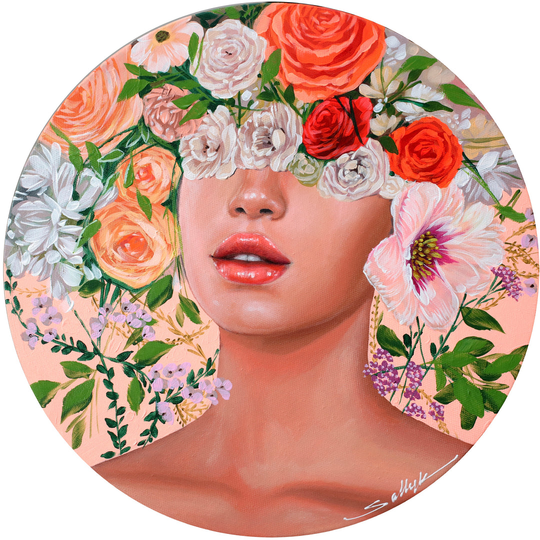 White woman red lipstick with flowers in red pink and white covering eyes on head with pink background. 