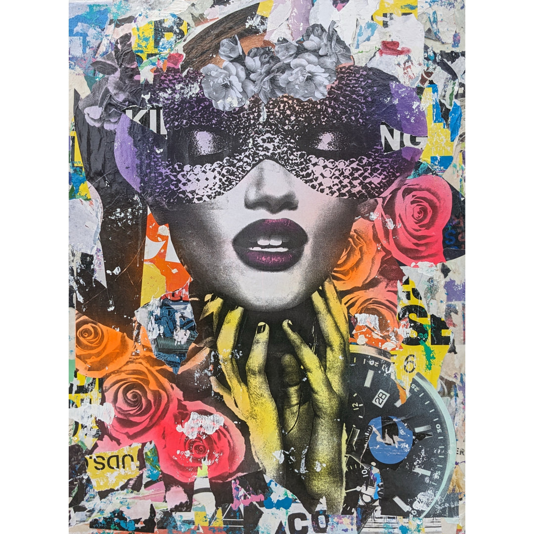 36"W x 48"H Acrylic paint, spray paint, wheat-paste, vintage advertisements, printed fragments on canvas. Woman's face with neon graphics. 
