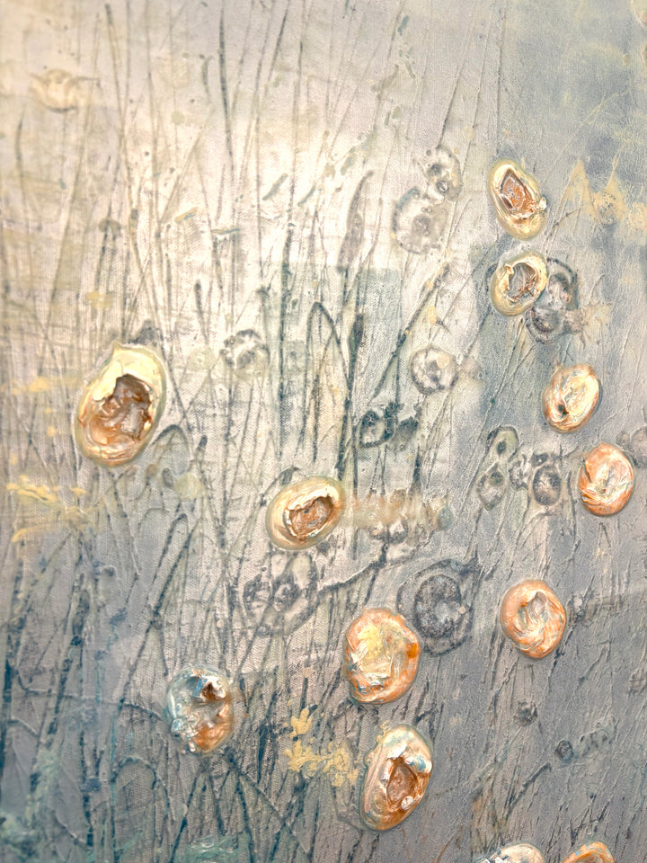 Abstract landscape in cold blue ice white colors organic silver blob spots of 3 dimensional paint resin  textured  layered  by eric heitmann