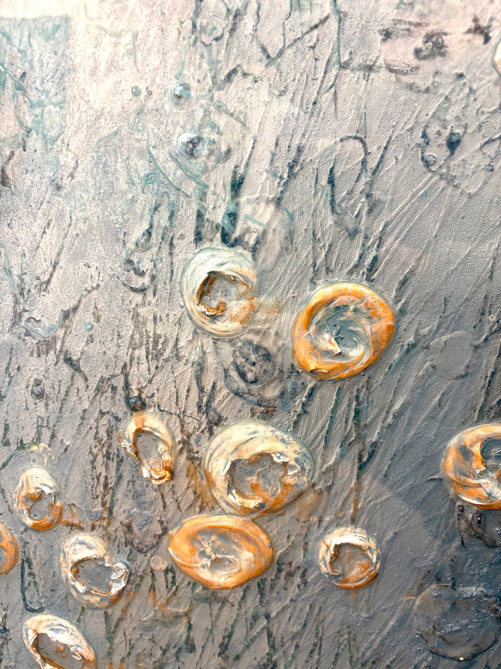 Abstract landscape in cold blue ice white colors organic silver blob spots of 3 dimensional paint resin  textured  layered  by eric heitmann