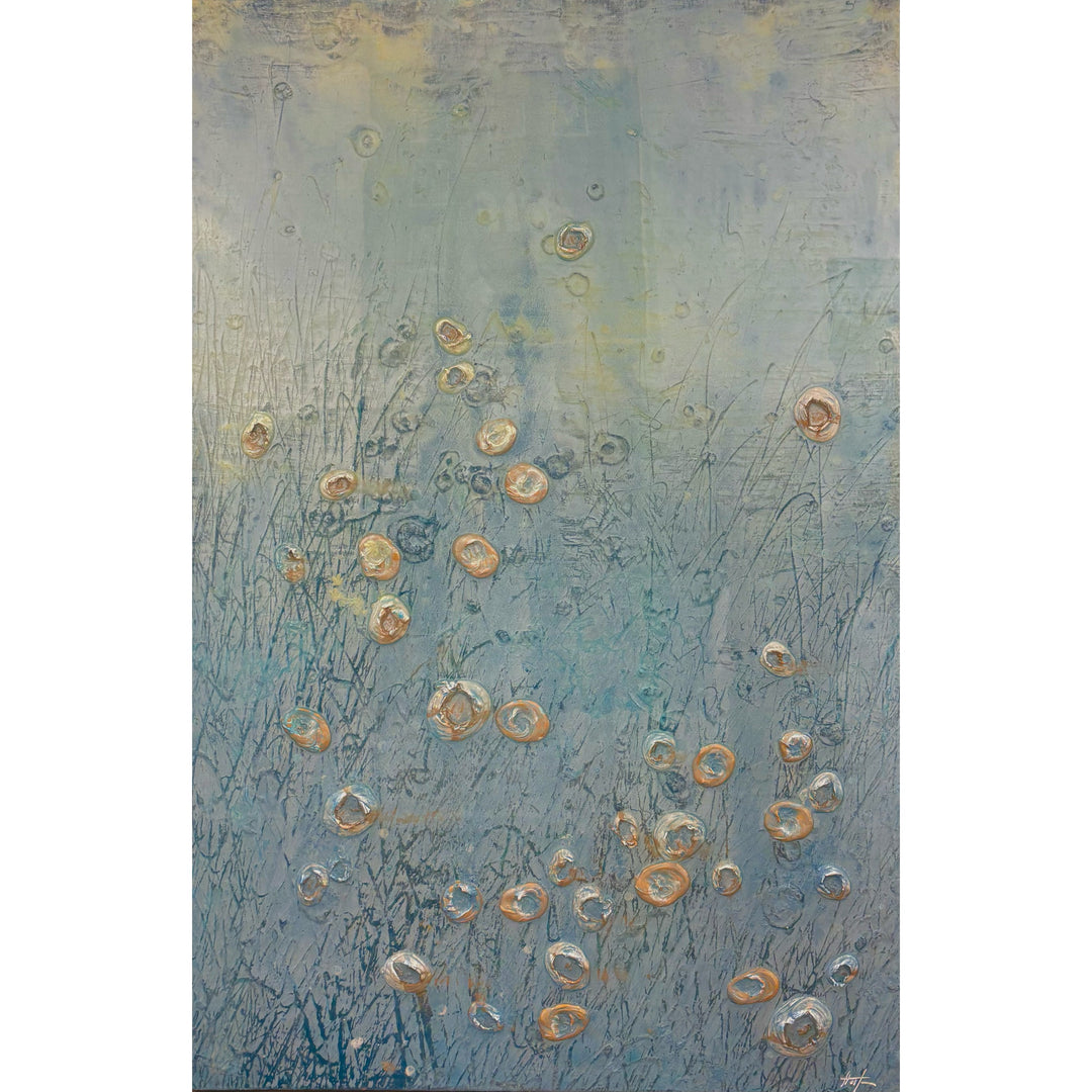 Abstract landscape in cold blue ice white colors organic silver blob spots of 3 dimensional paint resin  textured  layered  by eric heitmann