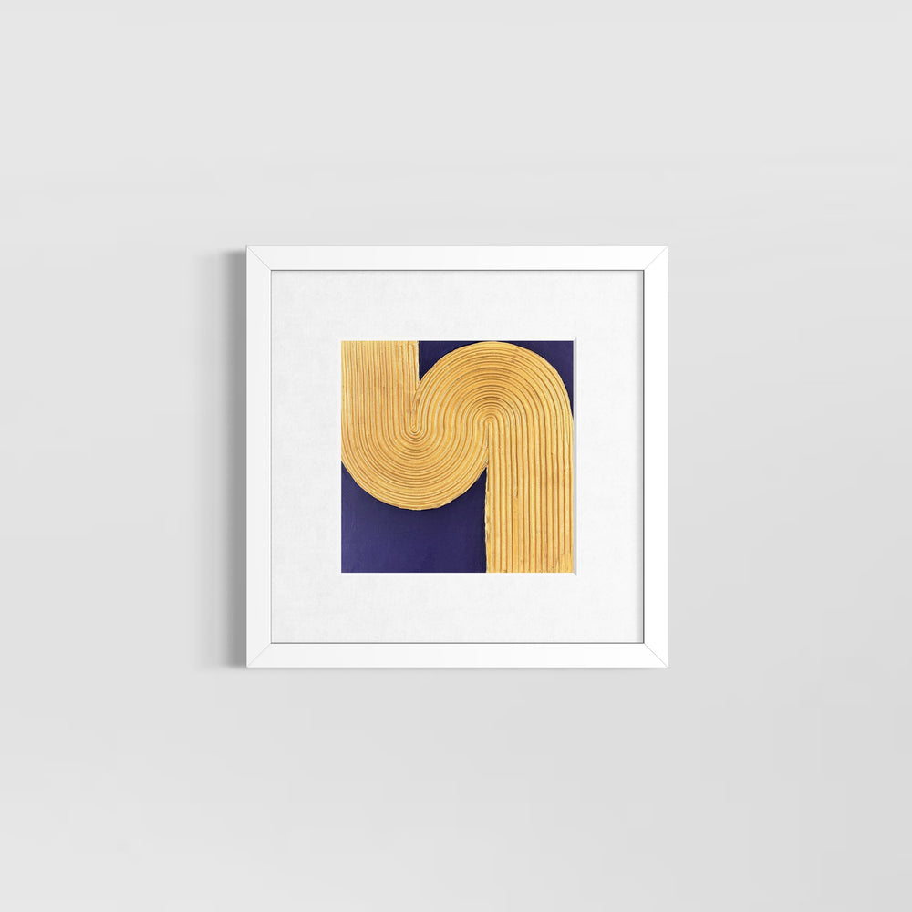 minimal geometric abstract organic shape in gold with lines curving and straight on blue background