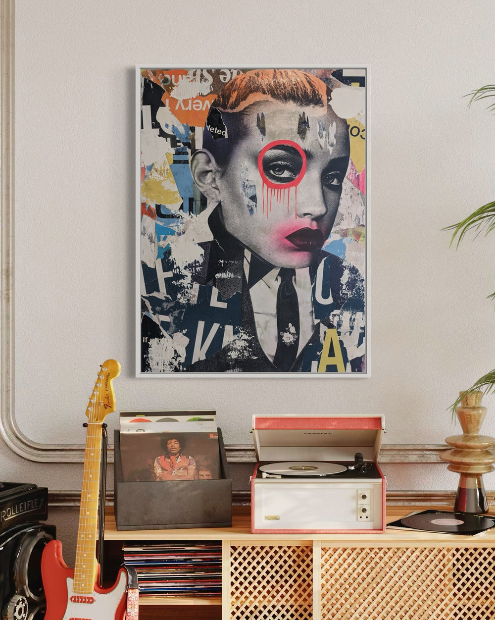 30"W x 40"H Acrylic paint, spray paint, wheat-paste, vintage advertisements & printed fragments on canvas. A woman's face with DAIN's signature circle around the eye. 