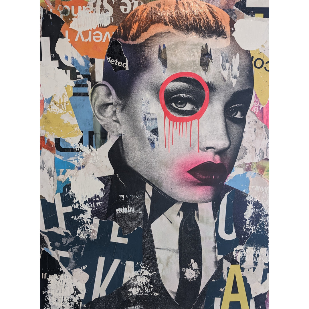 30"W x 40"H Acrylic paint, spray paint, wheat-paste, vintage advertisements & printed fragments on canvas. A woman's face with DAIN's signature circle around the eye. 