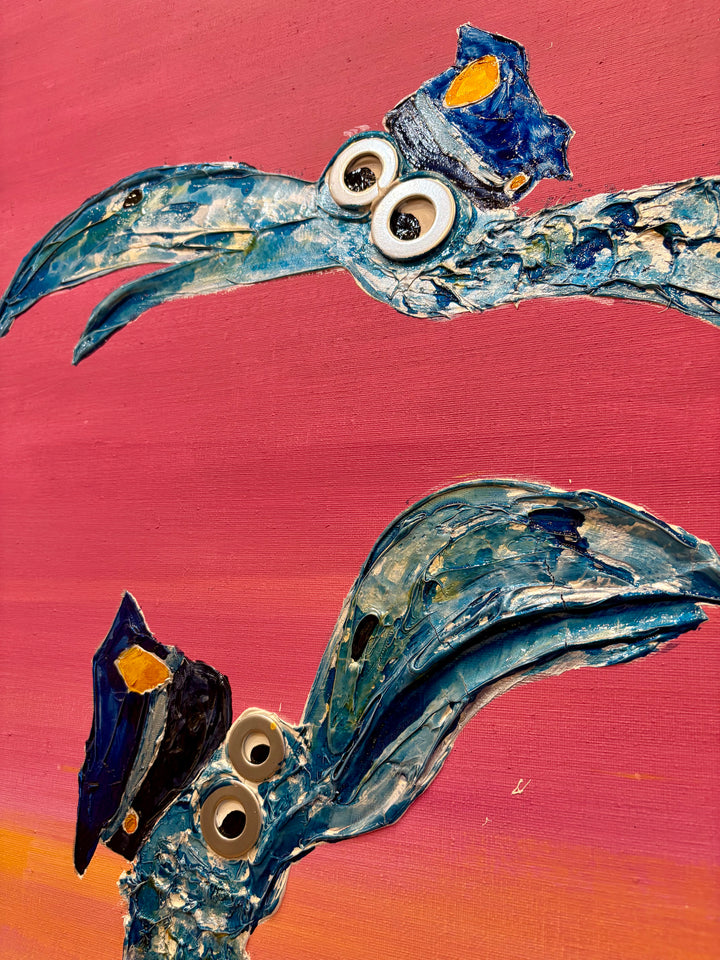48" x 48" acrylic on canvas painting of blue birds with hats and eyes made of washers over a pink and yellow gradient background. 