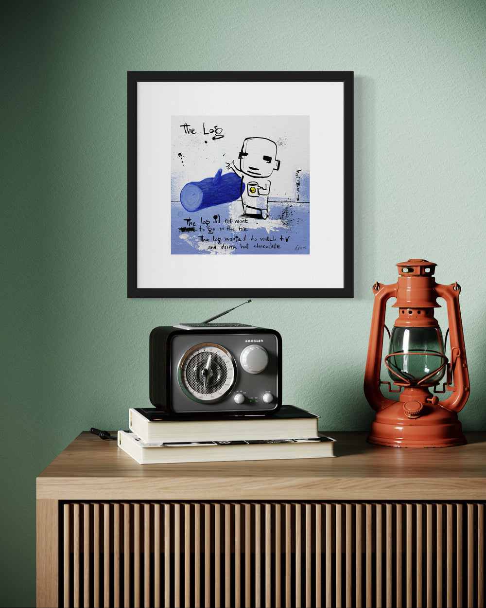 doodle figure holding a mug in black ink on paper with text and drawing of a log with a blue and white background by jan-hein arens