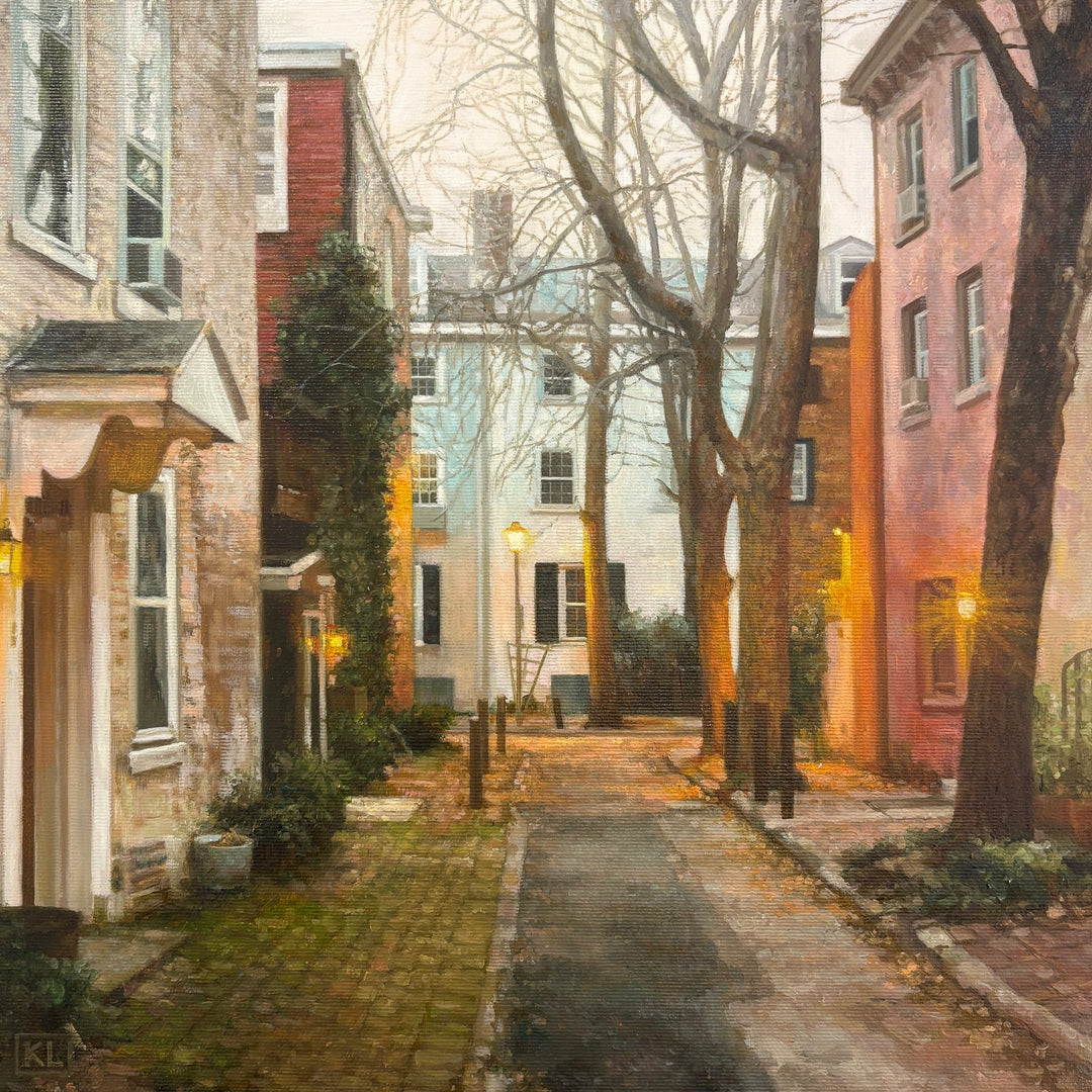 Oil painting of a residential street, different colored row homes flooded with warm light from the street