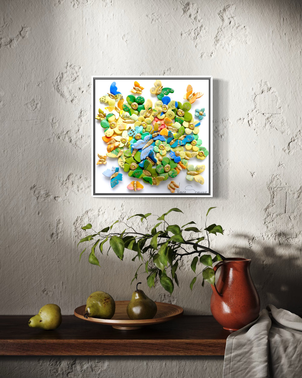 3 dimensional textured artwork of butterflies with text and floral collage on white background