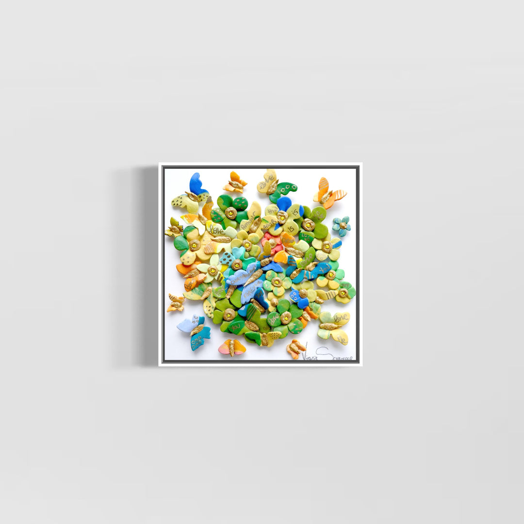 3 dimensional textured artwork of butterflies with text and floral collage on white background
