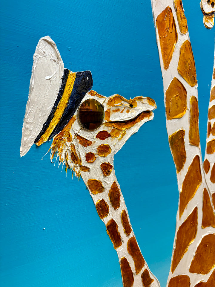 60" x 60" acrylic on canvas painting of giraffes with hats and sunglasses over a blue gradient background. 