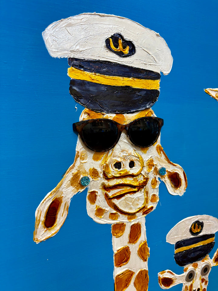 60" x 60" acrylic on canvas painting of giraffes with hats and sunglasses over a blue gradient background. 