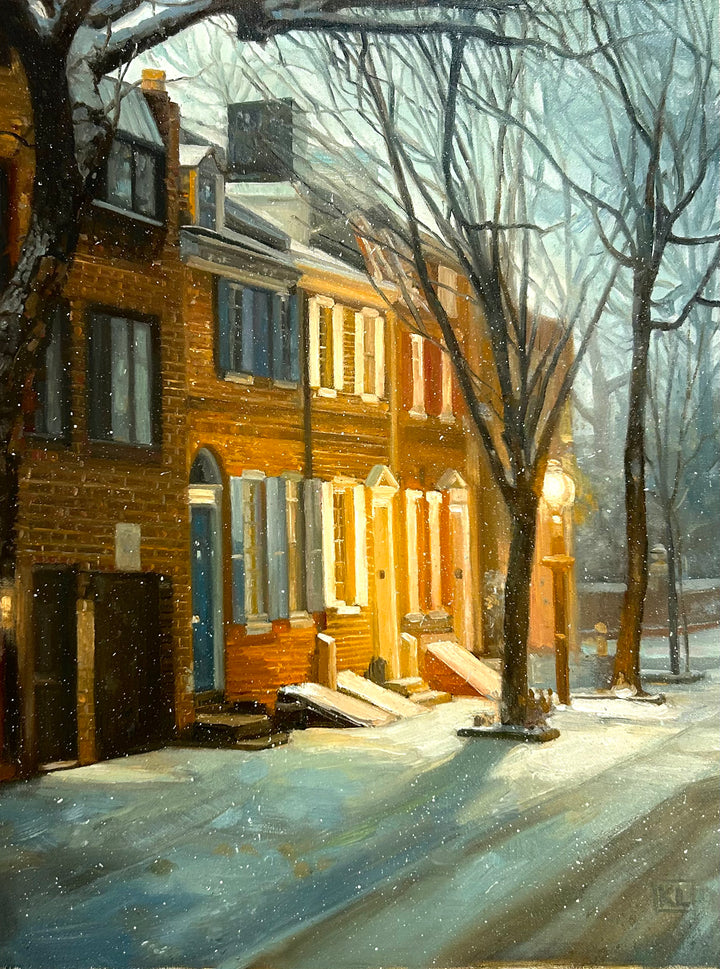 winter, cityscape, landscape, oil painting, oil paint, row homes, winter