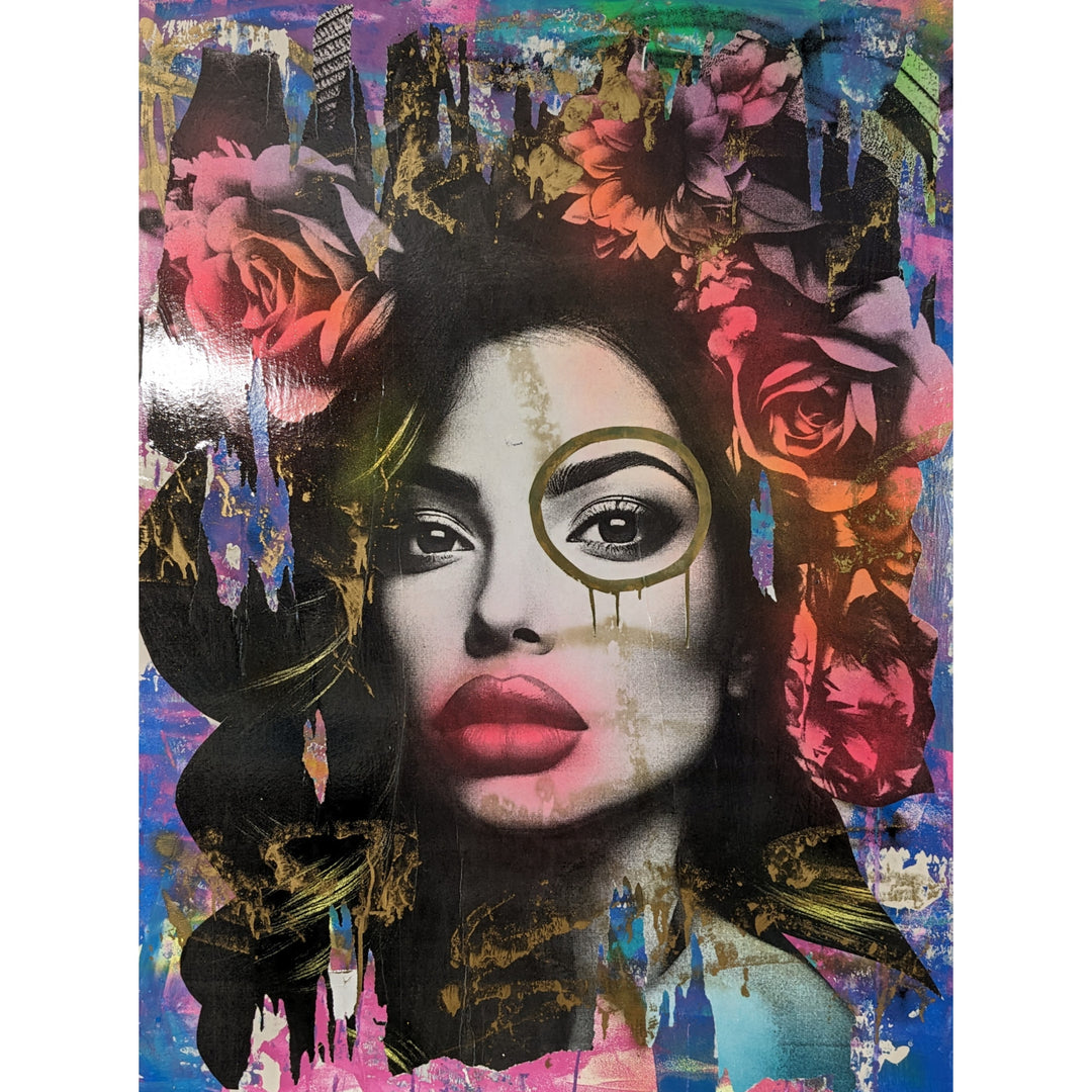 36"W x 48"H Acrylic paint, spray paint, wheat-paste, vintage advertisements, printed fragments on canvas. Woman's face surrounded by colorful graphics with DAIN's signature circle around her right eye. 
