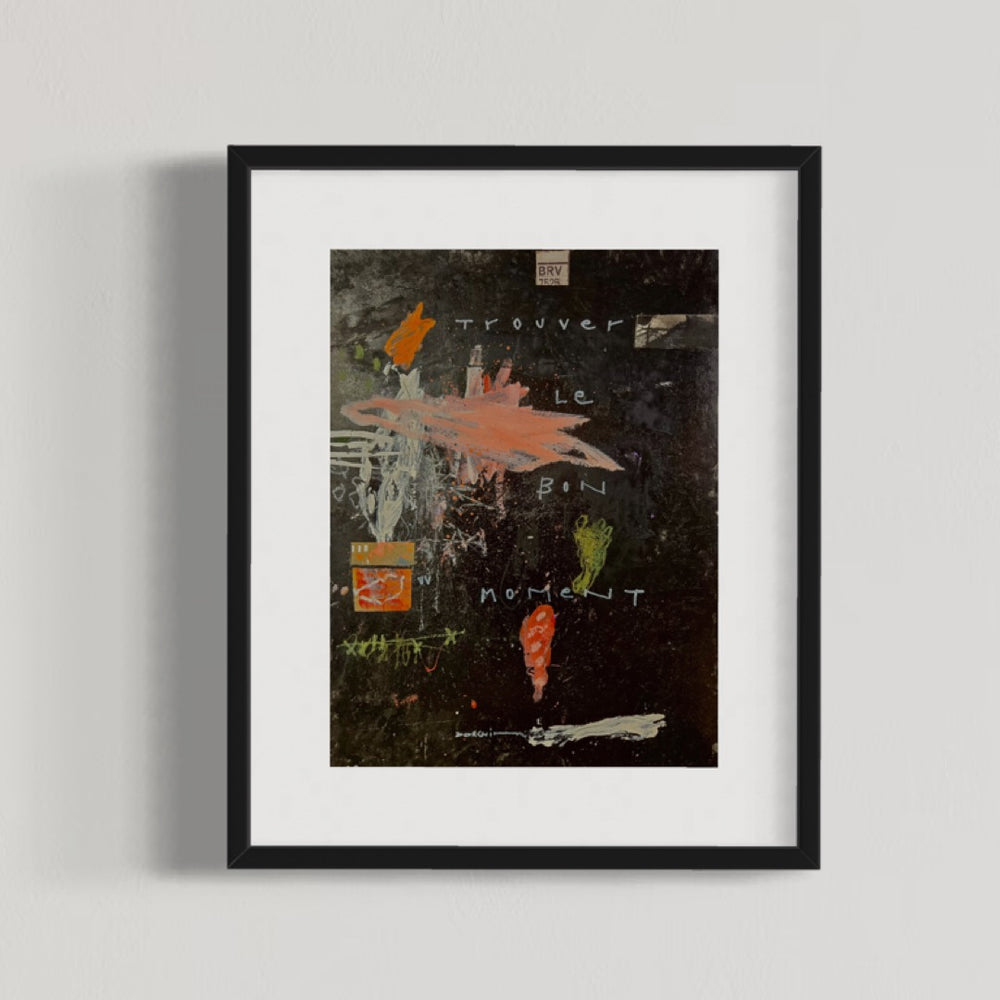Abstract mixed media artwork on paper by Laurent Dorchin in black, pink, and white. Organic linework and minimal illustrations of flowers with collage and text elements.