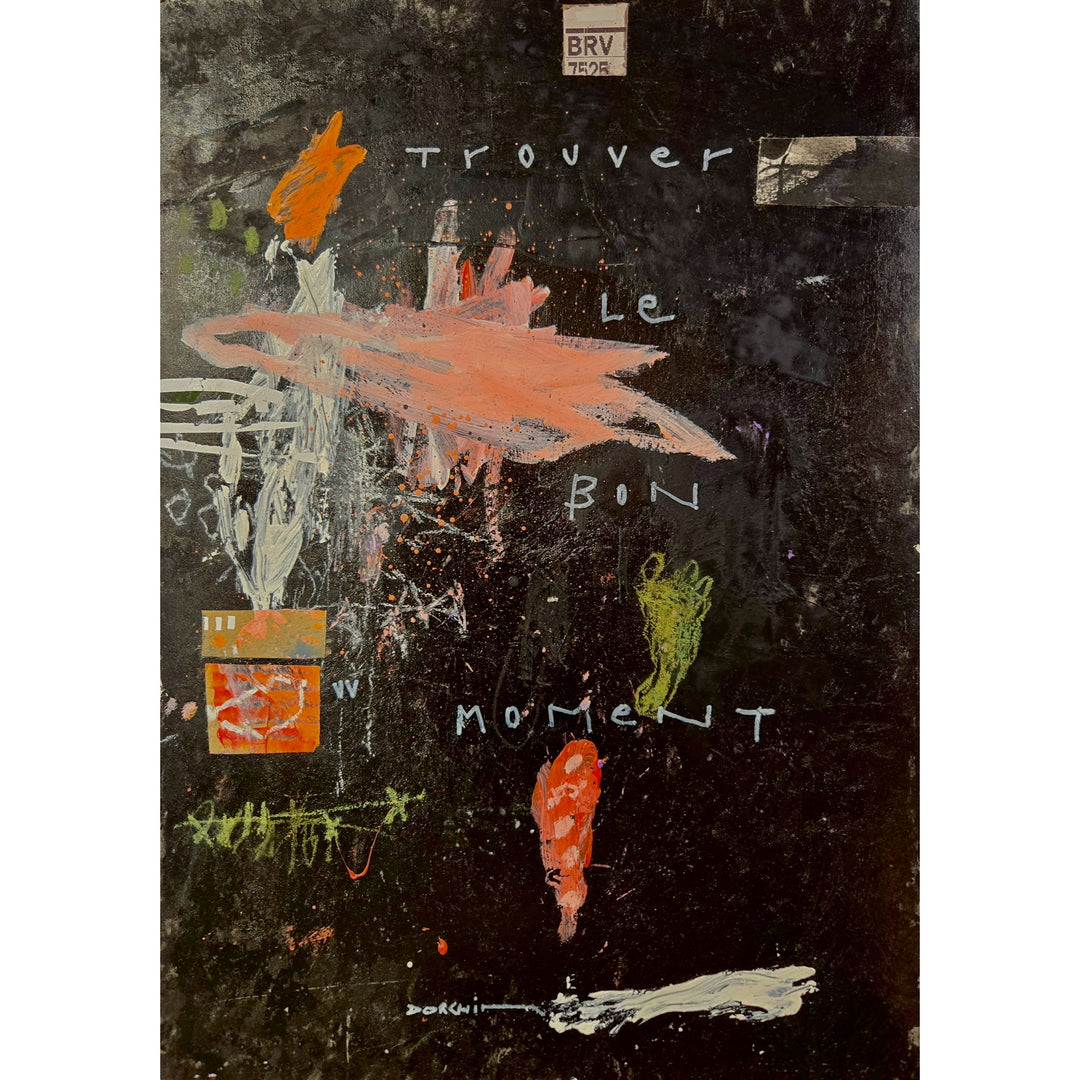Abstract mixed media artwork on paper by Laurent Dorchin in black, pink, and white. Organic linework and minimal illustrations of flowers with collage and text elements.