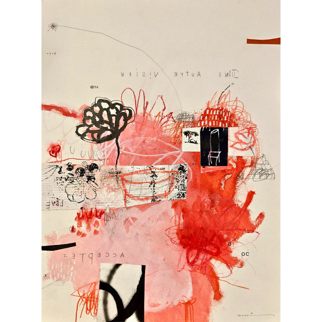 Abstract mixed media artwork on paper by Laurent Dorchin in black, pink, red and white. Organic linework and minimal illustrations of flowers with collage and text elements.