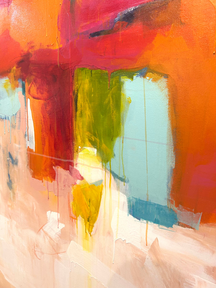 Abstract painting in red, orange and pink, with touches of light blue and white. Acylic paintin of canvas, large format