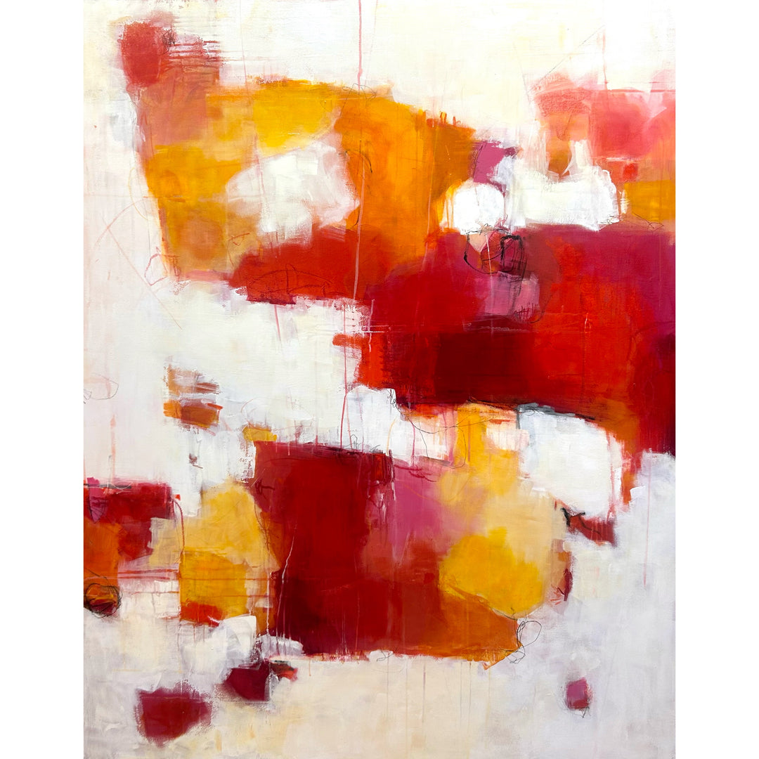 48”W x 60”H abstract acrylic on canvas painting with red, orange, yellow and cream. 