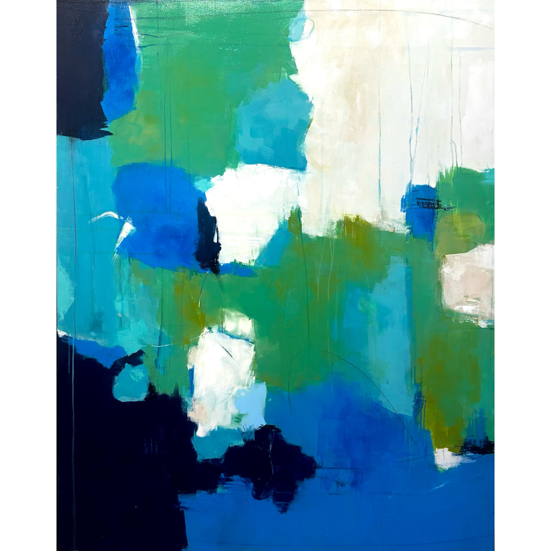 48”W x 60”H abstract acrylic on canvas painting with blue, green, teal and cream.