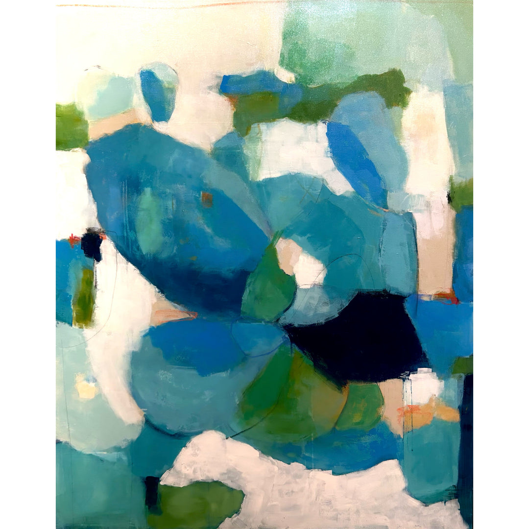 48”W x 60”H abstract acrylic on canvas painting with blues, greens, and cream.