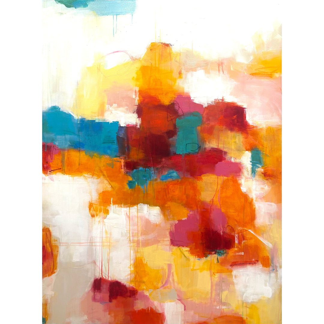 36”W x 48”H abstract acrylic on canvas painting with orange, red, yellow blue and cream. 