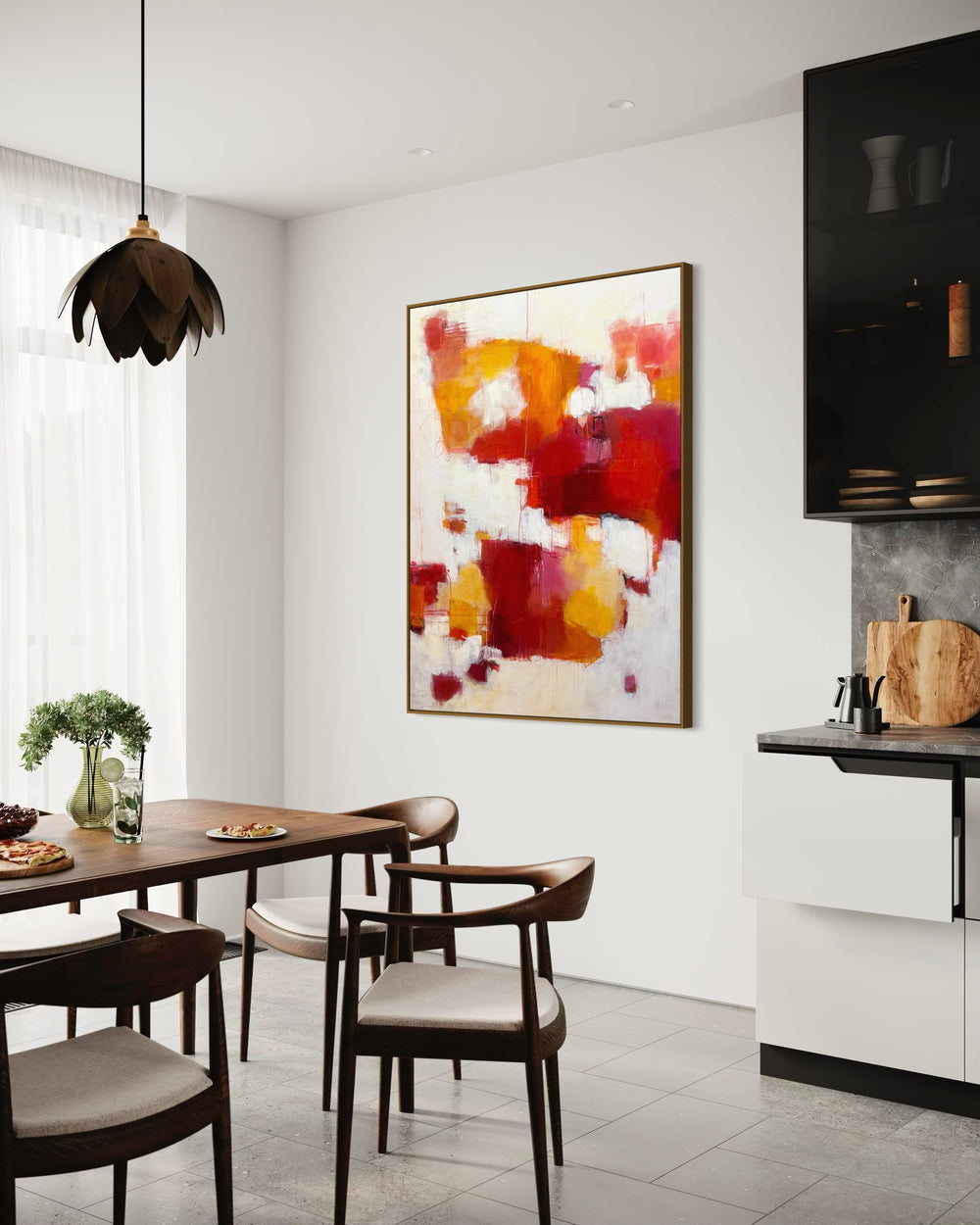 48”W x 60”H abstract acrylic on canvas painting with red, orange, yellow and cream. 