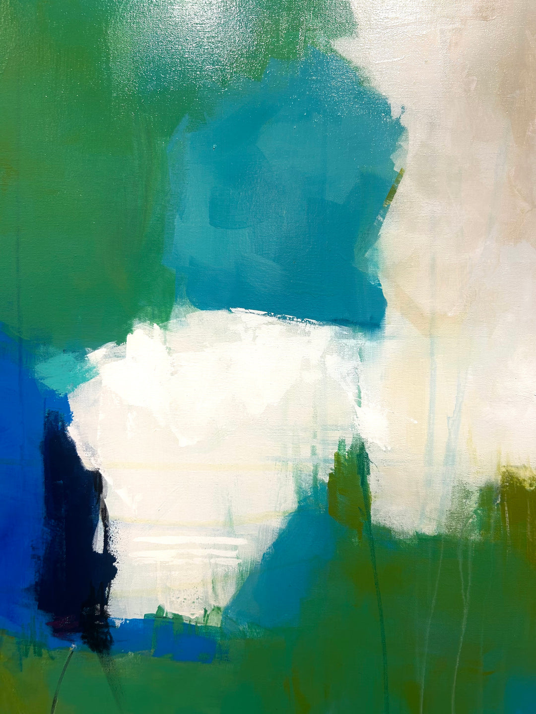 48”W x 60”H abstract acrylic on canvas painting with blue, green, teal and cream.