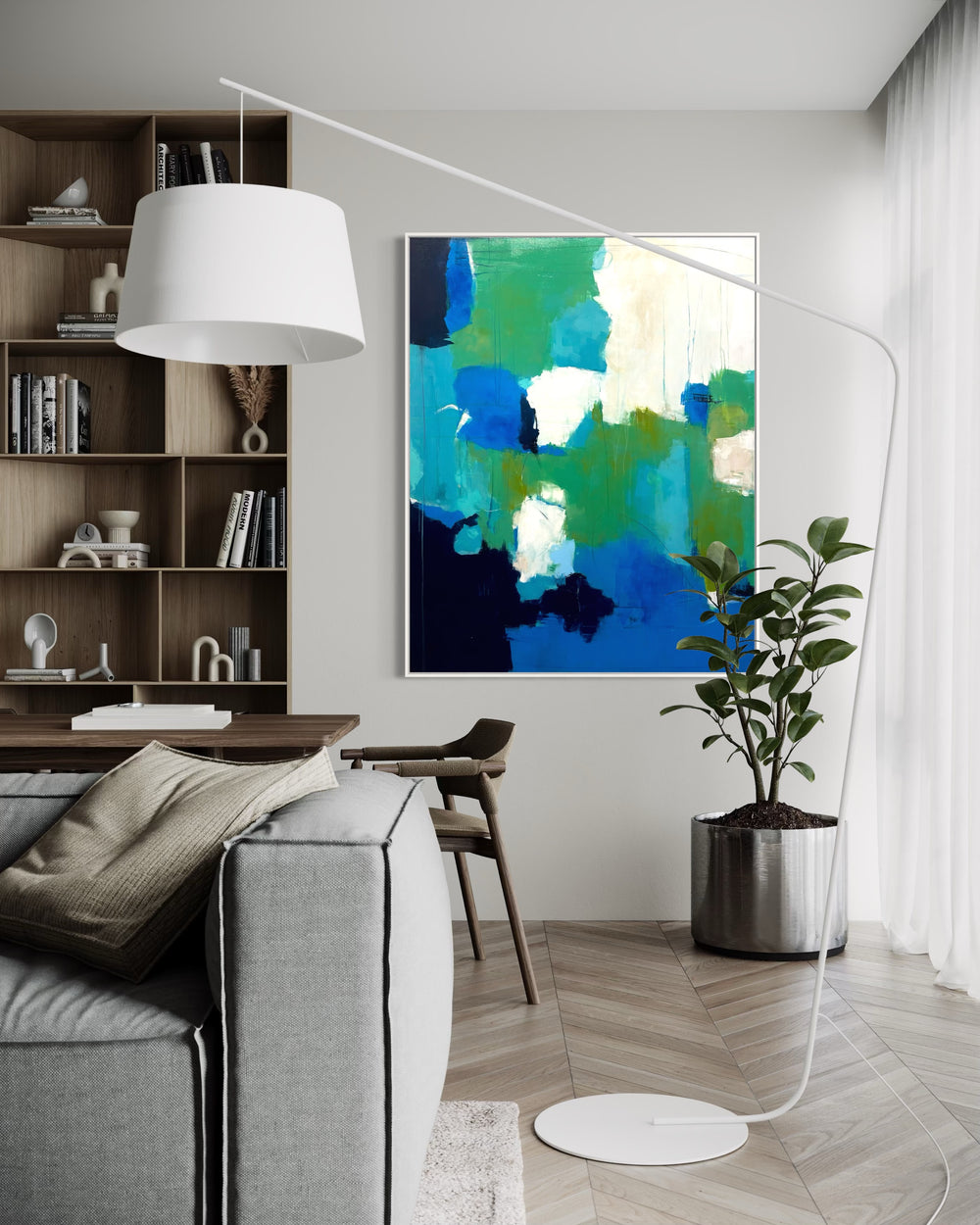 48”W x 60”H abstract acrylic on canvas painting with blue, green, teal and cream.
