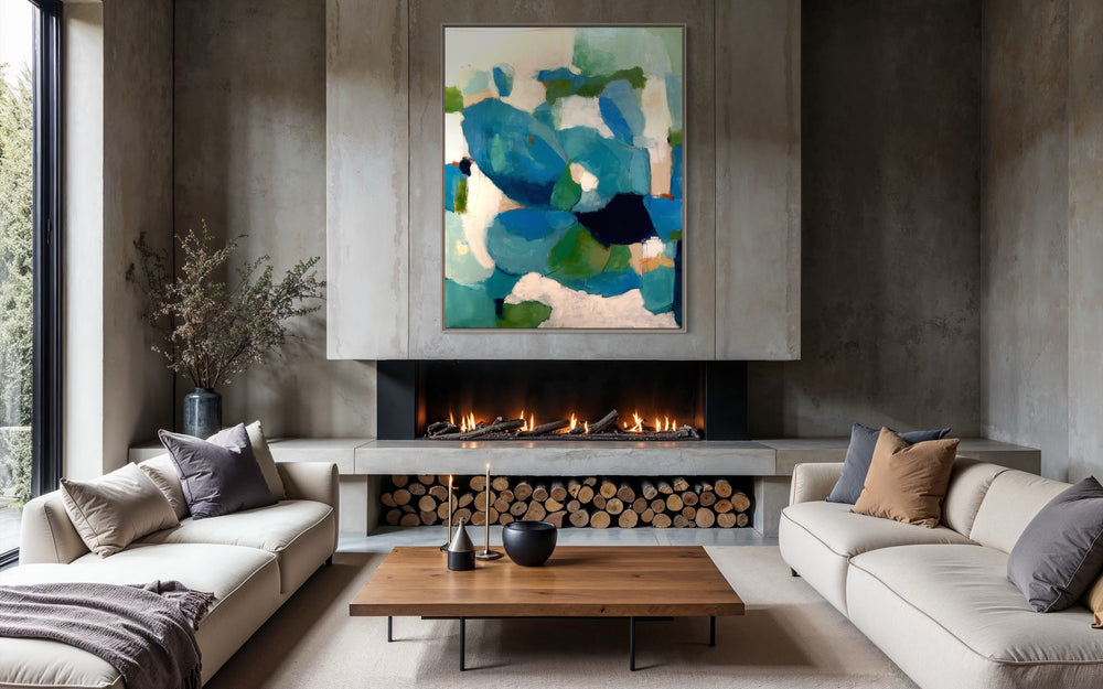 48”W x 60”H abstract acrylic on canvas painting with blues, greens, and cream.
