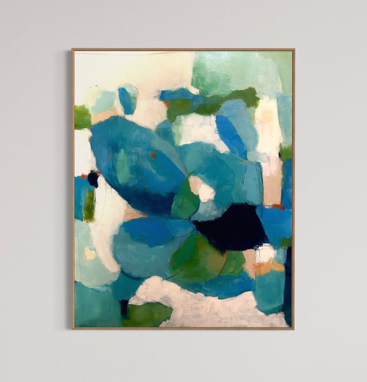 48”W x 60”H abstract acrylic on canvas painting with blues, greens, and cream.