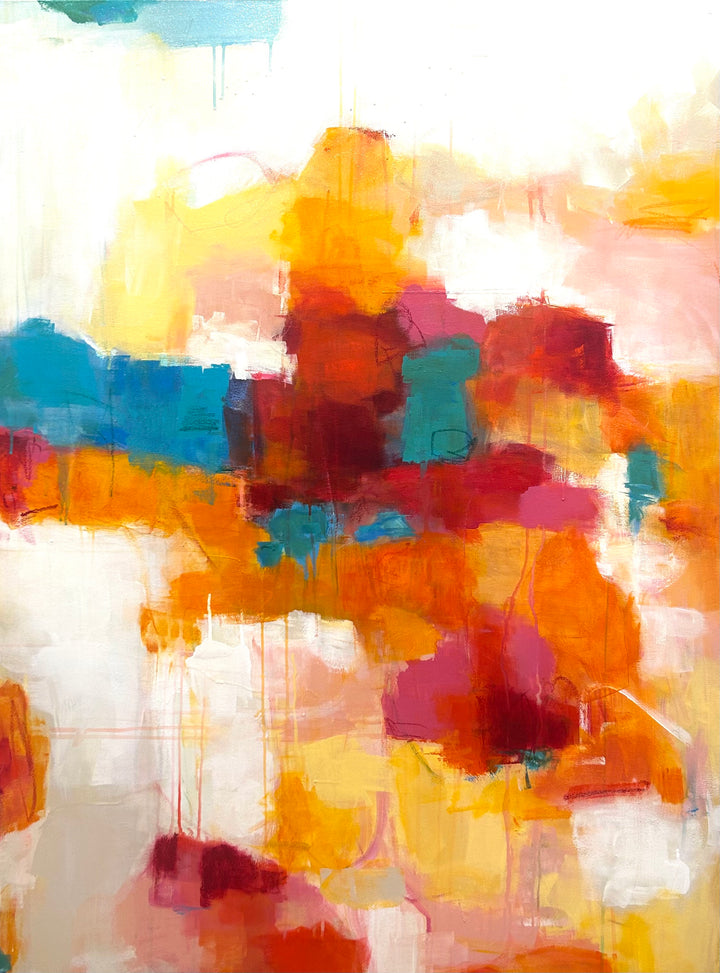 36”W x 48”H abstract acrylic on canvas painting with orange, red, yellow blue and cream. 