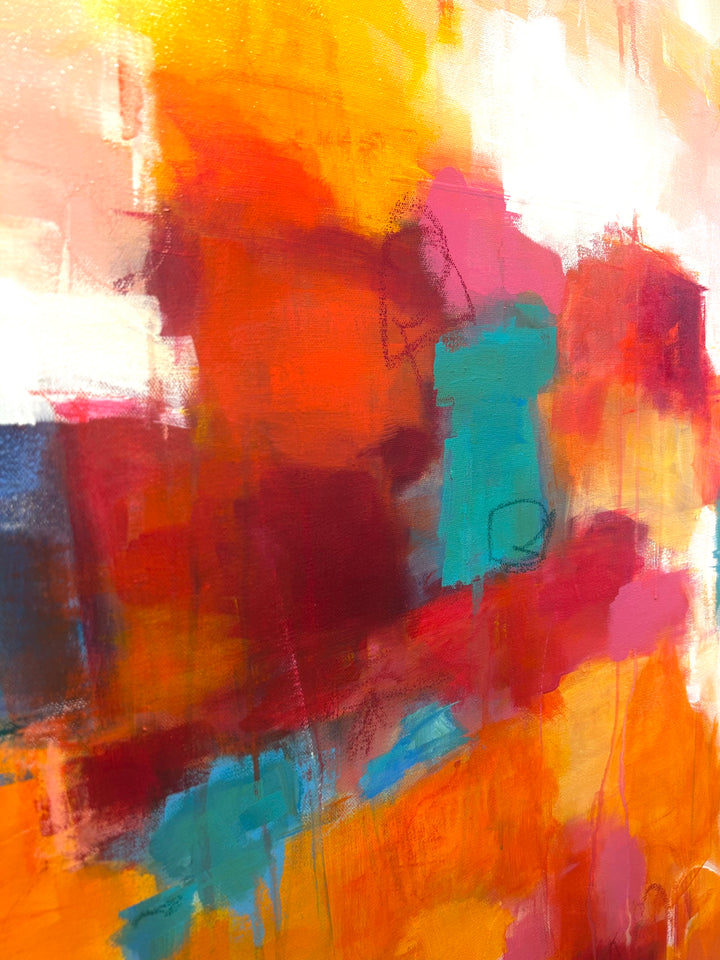 36”W x 48”H abstract acrylic on canvas painting with orange, red, yellow blue and cream. 