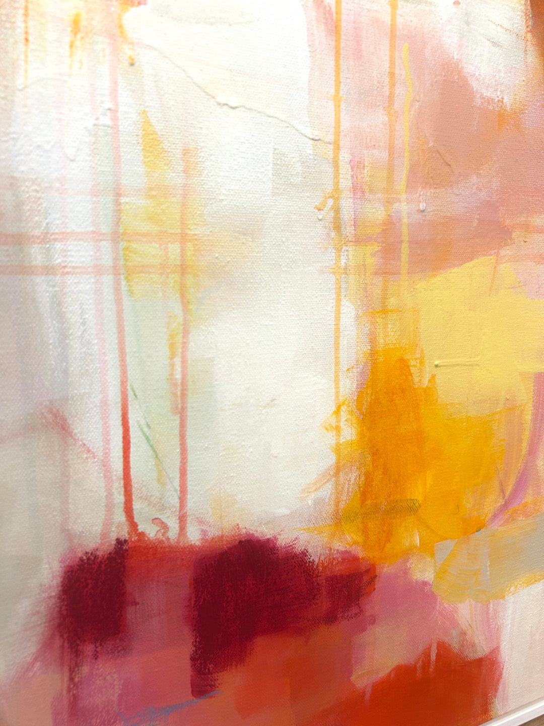 36”W x 48”H abstract acrylic on canvas painting with orange, red, yellow blue and cream. 