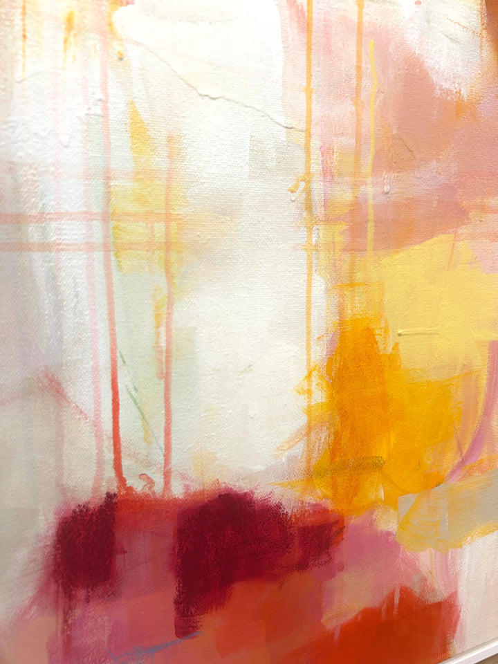36”W x 48”H abstract acrylic on canvas painting with orange, red, yellow blue and cream. 